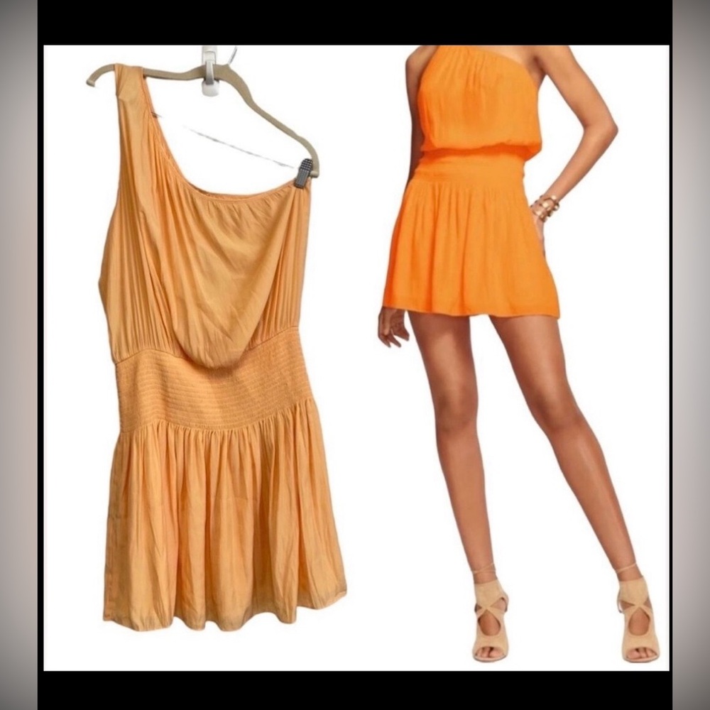 Ramy Brook Leila Mini Dress one-shoulder Smocked Middle Relax Fit Orange Size S